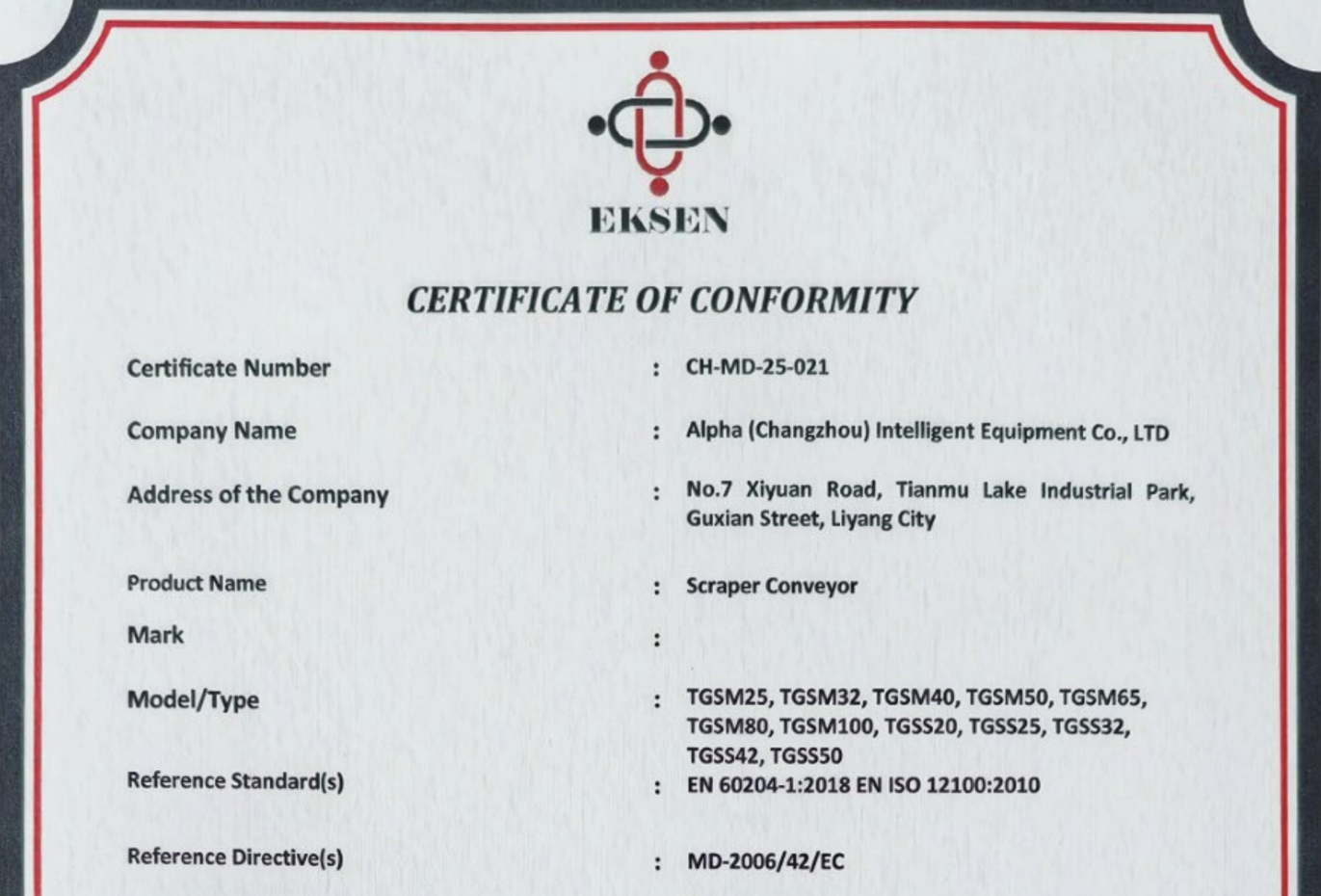 SCRAPE CONVEYOR CE CERTIFICATE