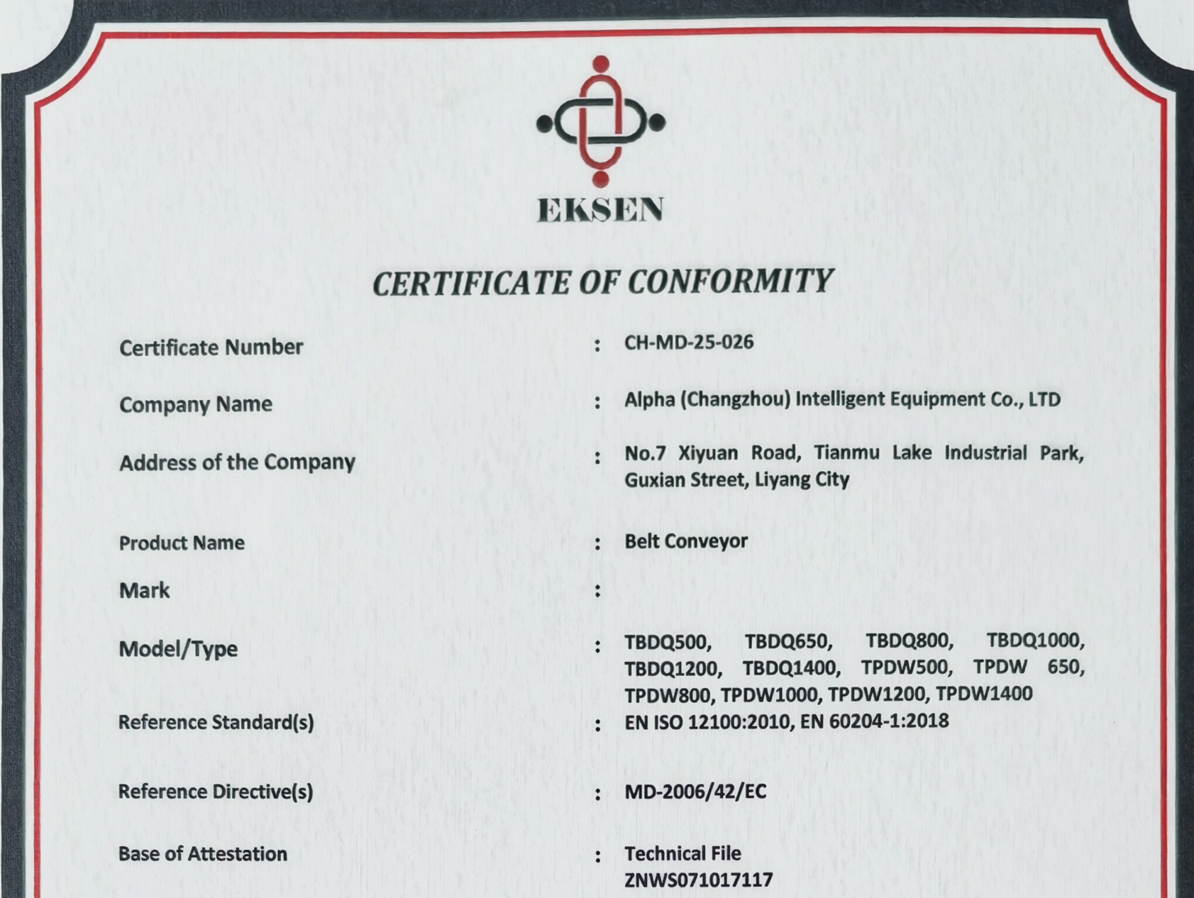 BELT CONVEYOR CE CERTIFICATE