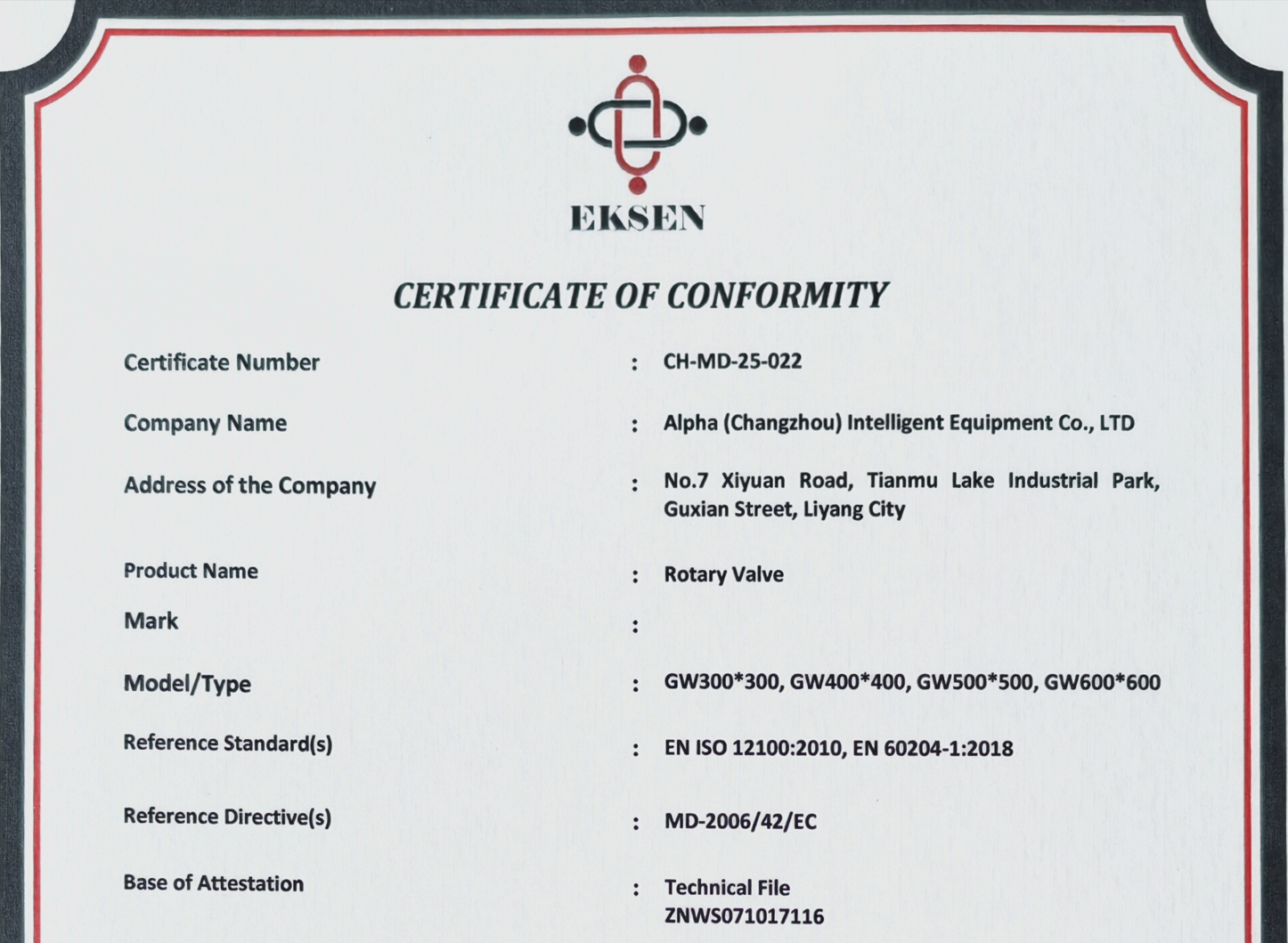ROTARY VALVE CE CERTIFICATE