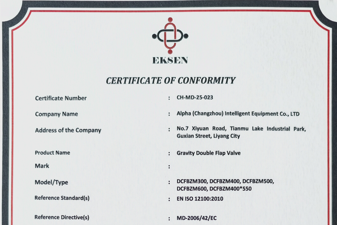 GRAVITY DOUBLE FLAP VALVE CE CERTIFICATE