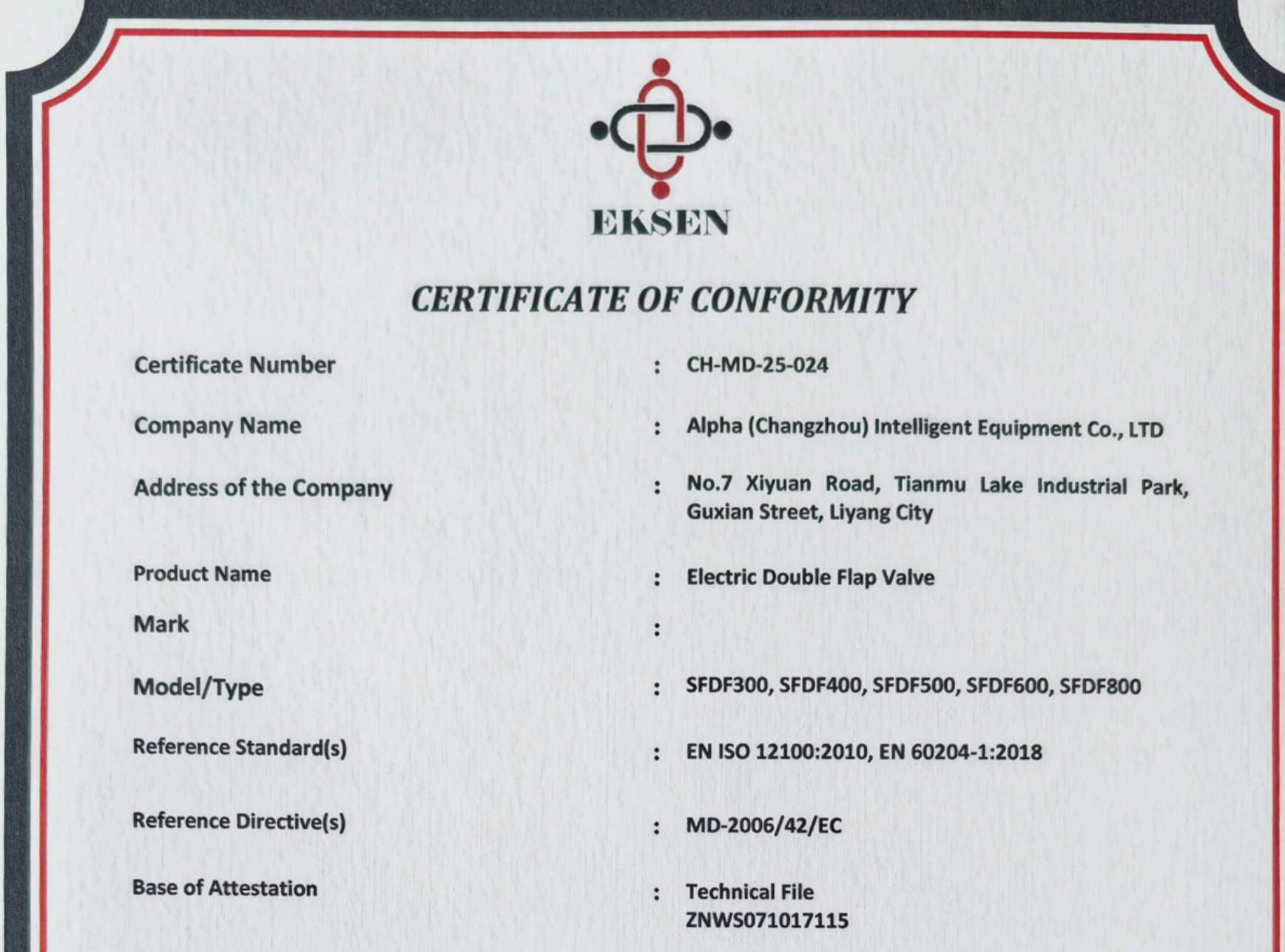 DOUBLE FLAP VALVE CE CERTIFICATE